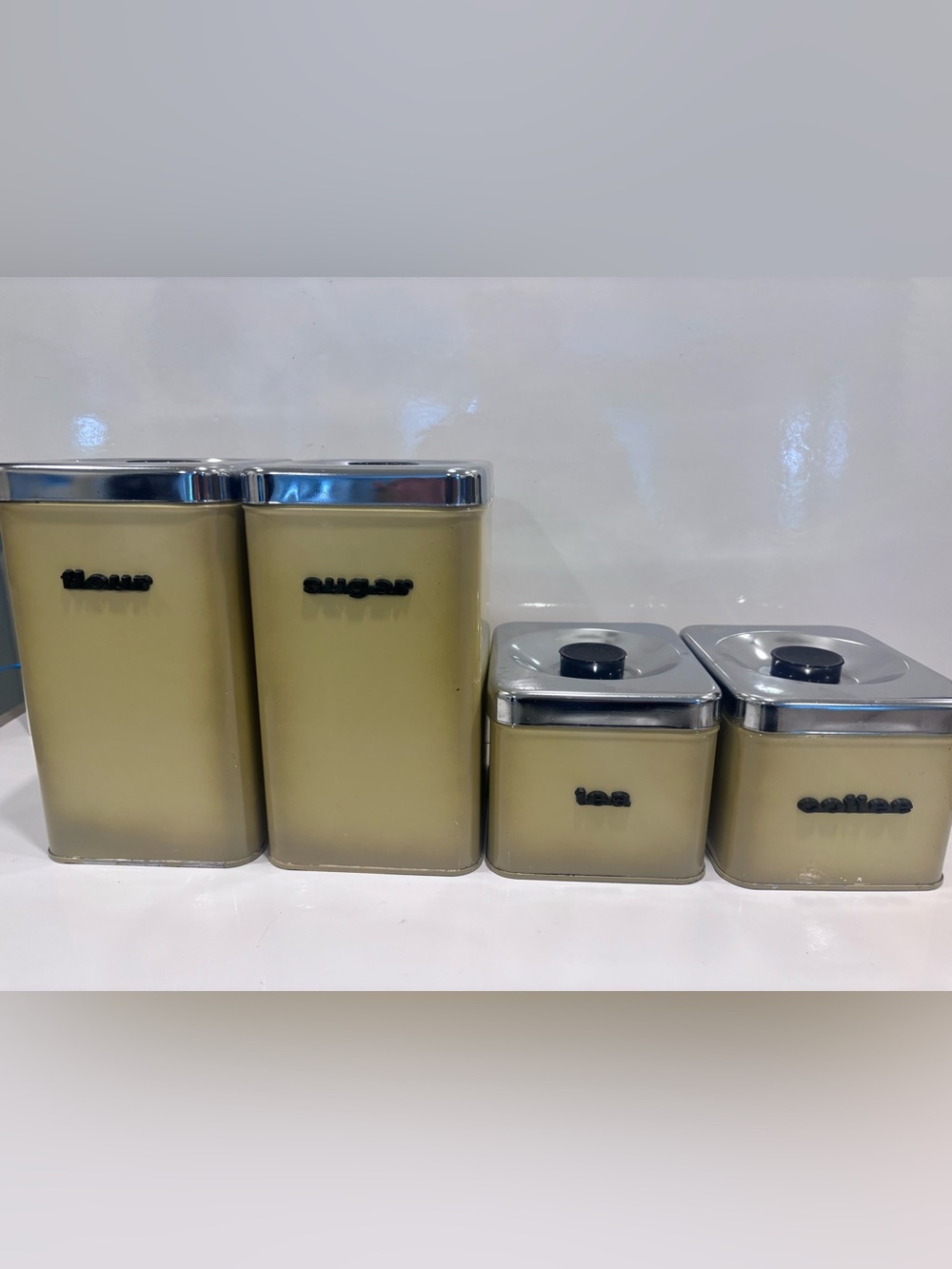 Vintage 4pc metal kitchen canister set made in Canada beige chrome retro 1970s